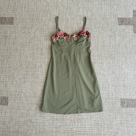 Dresses & Skirts - SHEIN Floral Embroidered Bust Olive Green Dress XS